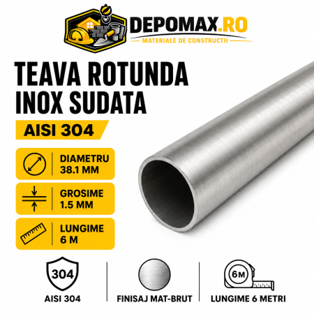 Teava rotunda inox sudata AISI 304, 38.1 x 1.5 mm, 6 metri